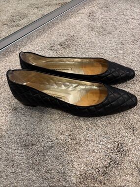 Manolo Blahnik Black Quilted Pointed Toe Flats 10